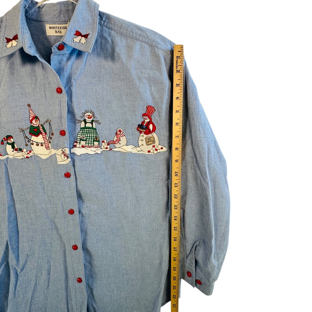 Vtg Christmas Snowman Shirt Chambray Denim Holiday Button Down Top S Festive - Picture 6 of 11